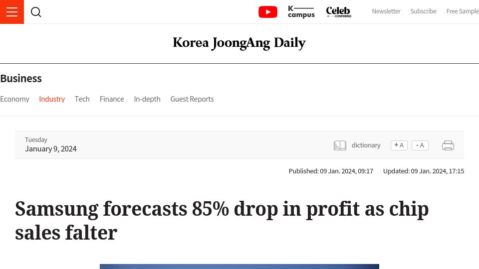Screenshot of koreajoongangdaily.joins.com: Samsung forecasts 85% drop in profit as chip sales falter