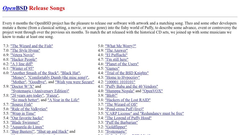 Screenshot of openbsd.org: OpenBSD Release Songs
