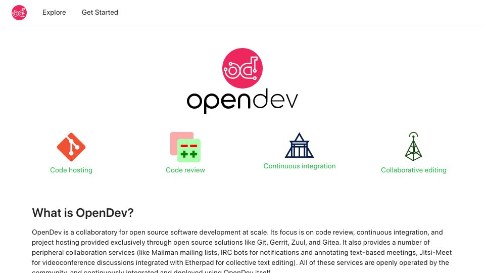 Screenshot of opendev.org: OpenDev is a collaboratory for open source software development at scale