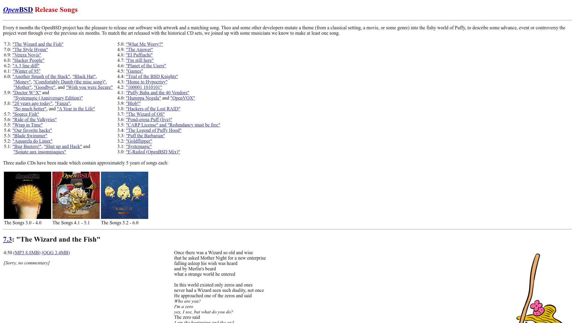 Screenshot of openbsd.org: OpenBSD Release Songs