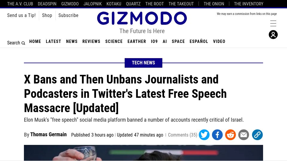 Screenshot of gizmodo.com: X Bans and Then Unbans Journalists and Podcasters in Latest Free Speech Massacre