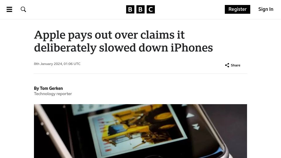 Screenshot of bbc.co.uk: Apple pays out over claims it deliberately slowed down iPhones
