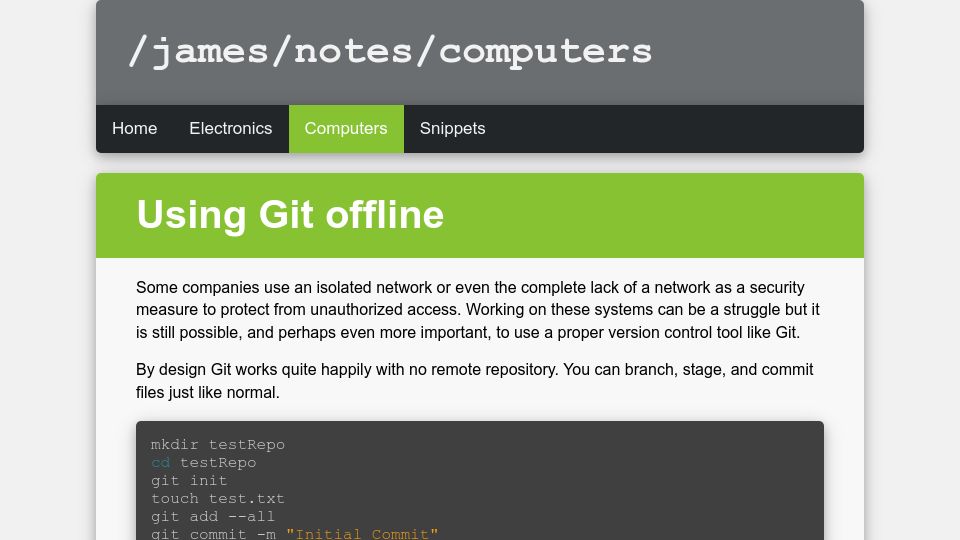 Screenshot of gibbard.me: Using Git Offline