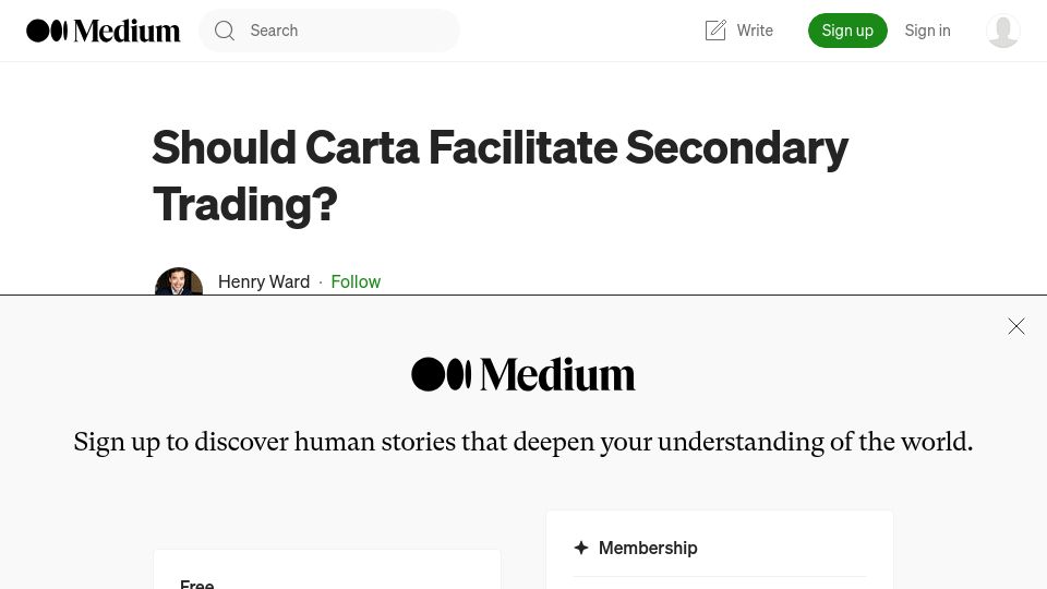 Screenshot of henrysward.medium.com: Carta to exit secondary trading business