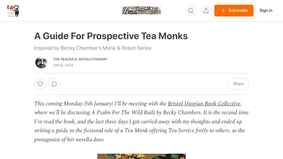 Screenshot of peacefulrevolutionary.substack.com: A Guide for Prospective Tea Monks