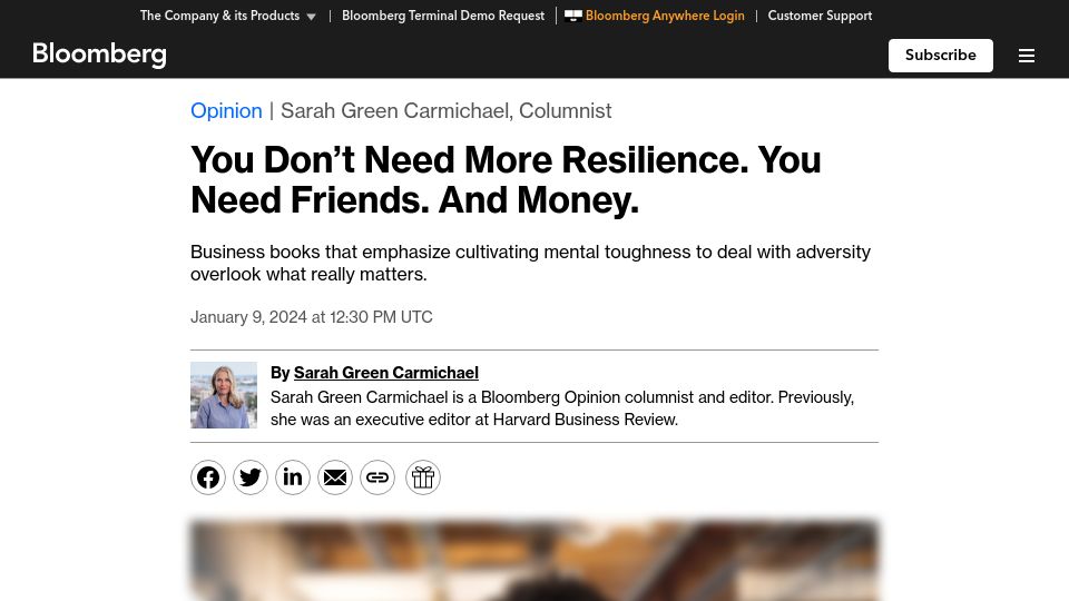 Screenshot of bloomberg.com: You Don't Need More Resilience. You Need Friends. and Money
