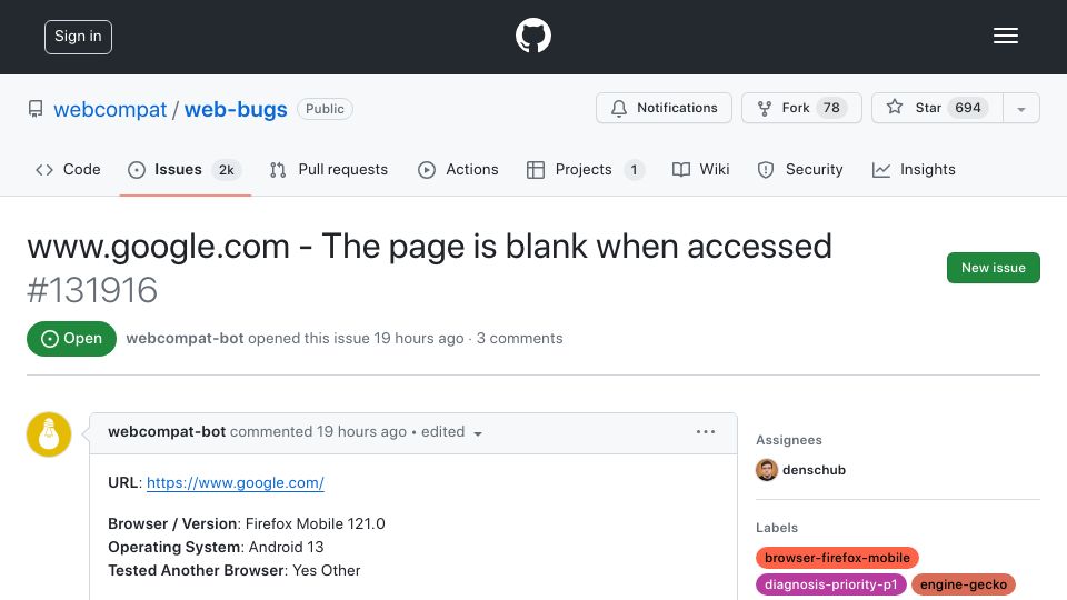 Screenshot of github.com: www.google.com – The page is blank when accessed