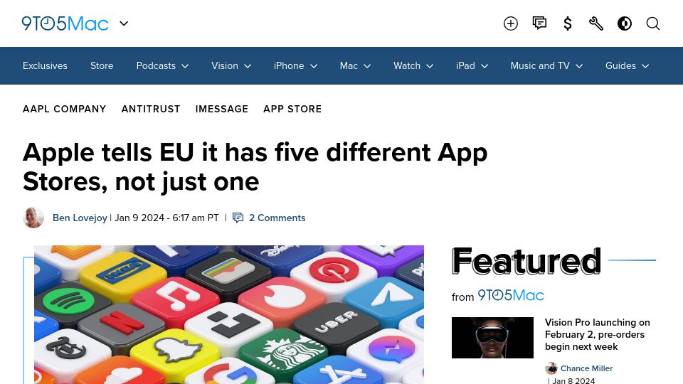 Screenshot of 9to5mac.com: Apple tells EU it has five different App Stores, not just one