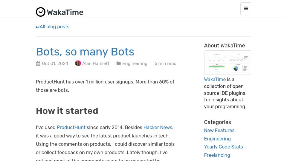 Screenshot of wakatime.com: Bots, so many bots