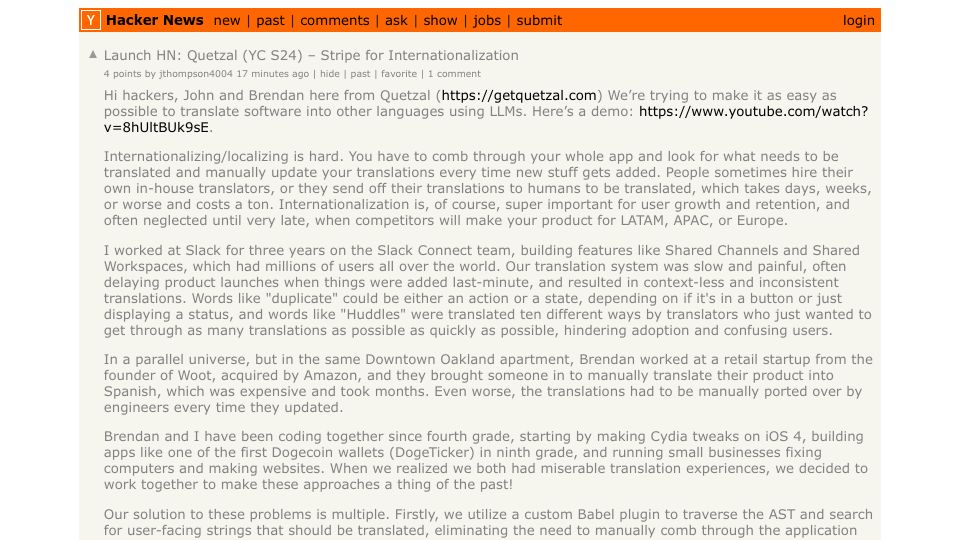 Screenshot of Hacker News post: Launch HN: Quetzal (YC S24) – Stripe for Internationalization