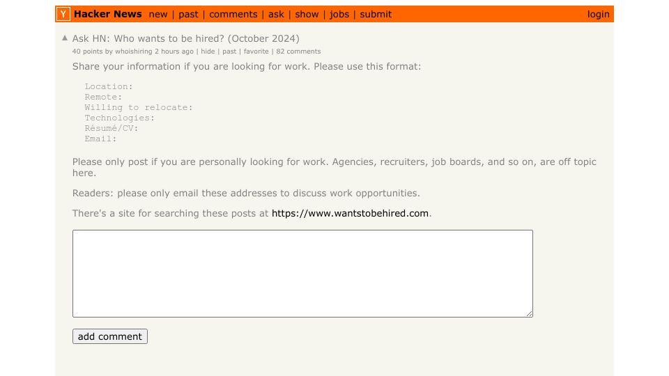 Screenshot of Hacker News post: Ask HN: Who wants to be hired? (October 2024)