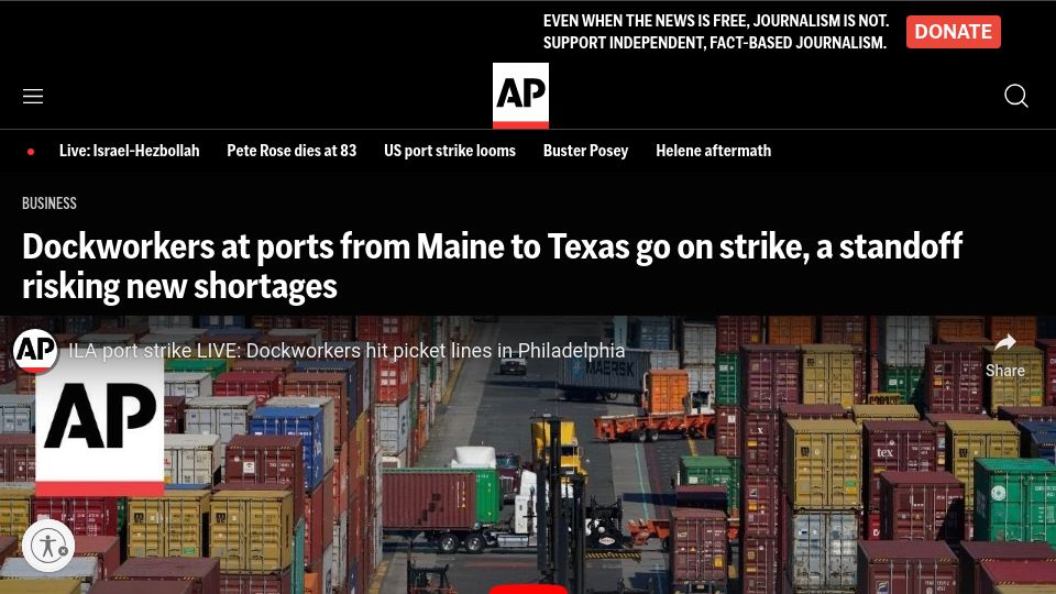 Screenshot of apnews.com: Dockworkers at ports from Maine to Texas go on strike
