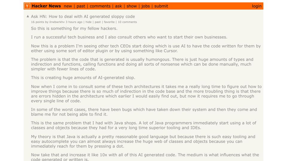 Screenshot of Hacker News post: Ask HN: How to deal with AI generated sloppy code