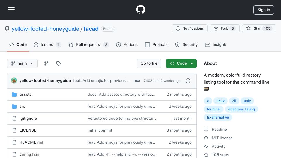 Screenshot of github.com: Show HN: Facad – A colorful directory listing tool for the command line