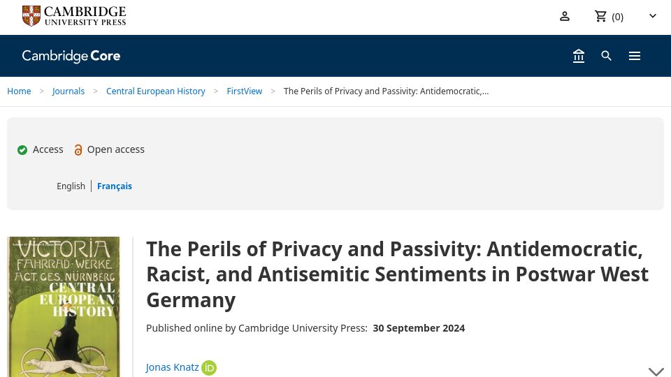 Screenshot of cambridge.org: Antidemocratic, Racist, and Antisemitic Sentiments in Postwar West Germany