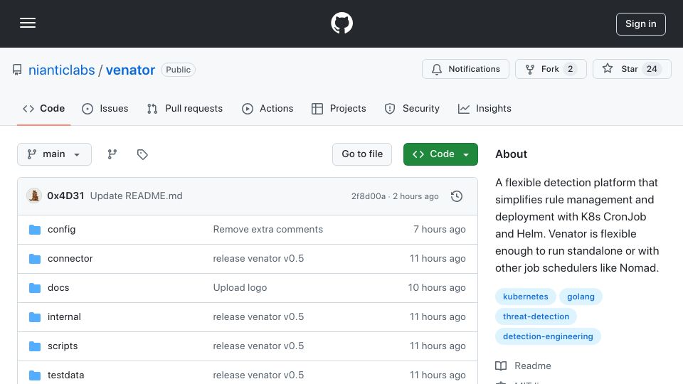 Screenshot of github.com: Show HN: Venator – Open-source threat detection