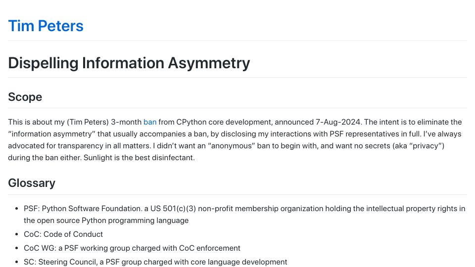Screenshot of tim-one.github.io: Tim Peters – Dispelling Information Asymmetry