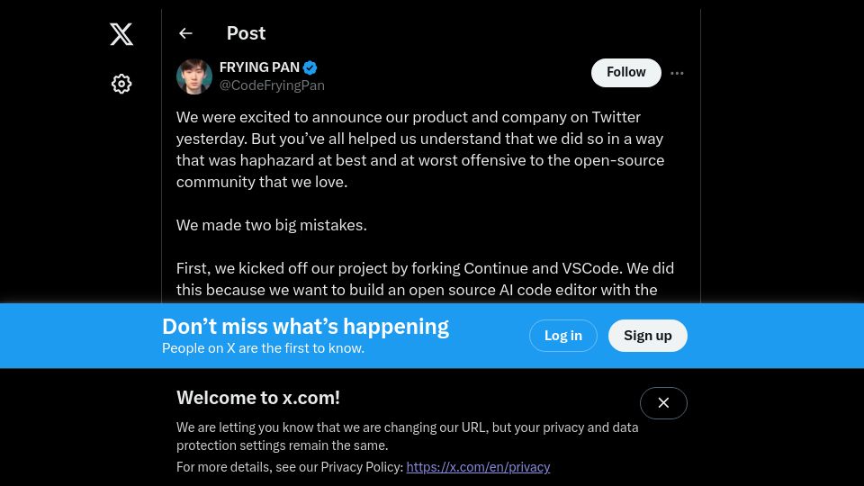 Screenshot of twitter.com: Pear AI founder: We made two big mistakes