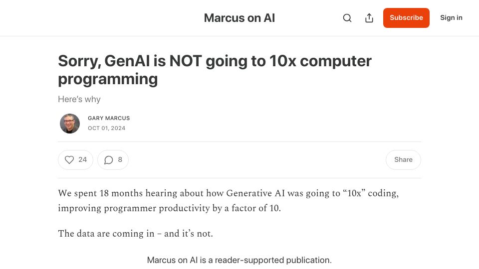 Screenshot of garymarcus.substack.com: Sorry, GenAI is NOT going to 10x computer programming