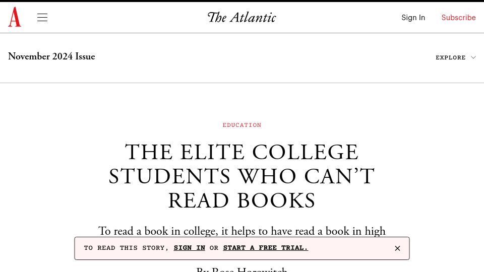 Screenshot of theatlantic.com: The Elite College Students Who Can't Read Books