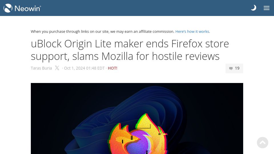 Screenshot of neowin.net: Gorhill pulls uBlock Origin Lite from Firefox store