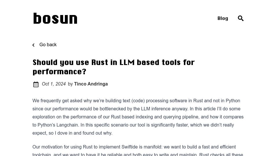 Screenshot of bosun.ai: Comparing our Rust-based indexing and querying pipeline to Langchain