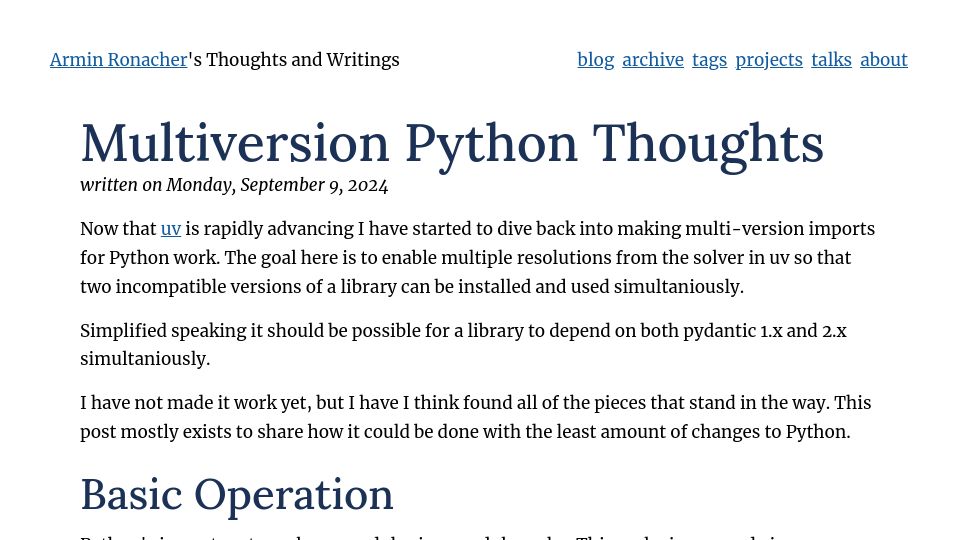 Screenshot of lucumr.pocoo.org: Multiversion Python Thoughts