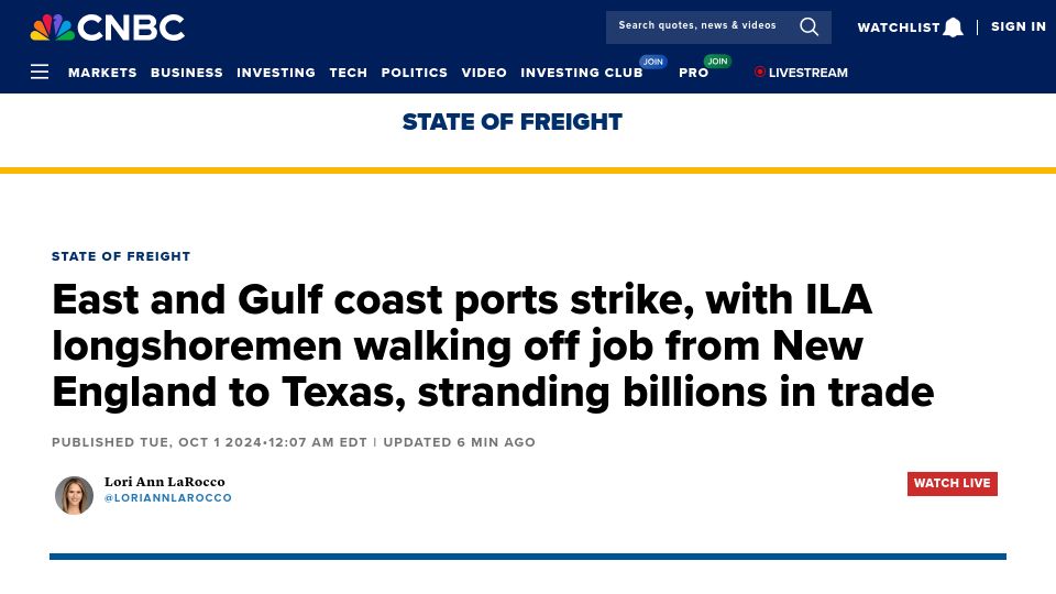 Screenshot of cnbc.com: East and Gulf Coast ports strike
