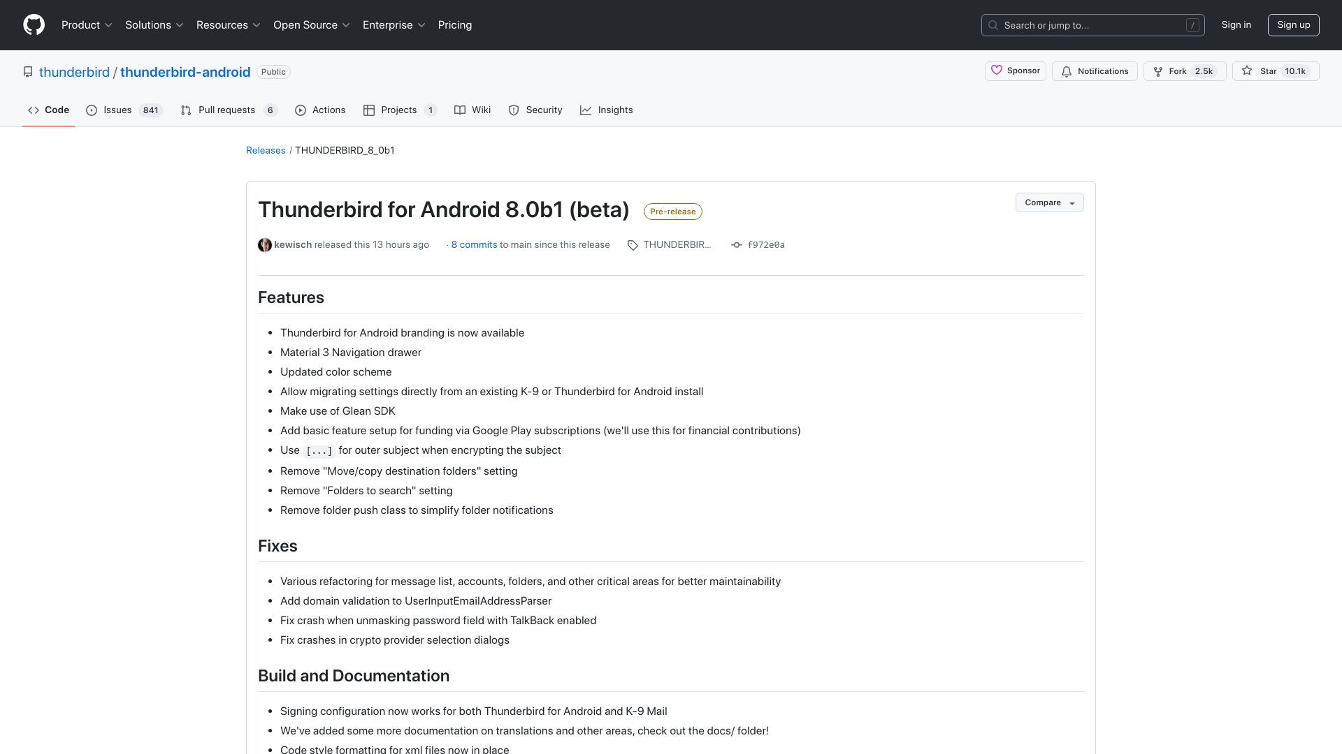 Screenshot of github.com: Thunderbird for Android Beta has been released