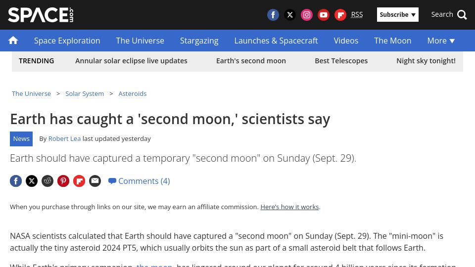 Screenshot of space.com: Earth has caught a 'second moon'