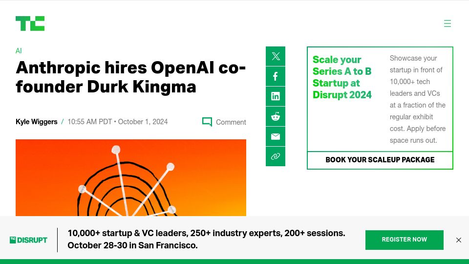 Screenshot of techcrunch.com: Anthropic hires OpenAI co-founder Durk Kingma