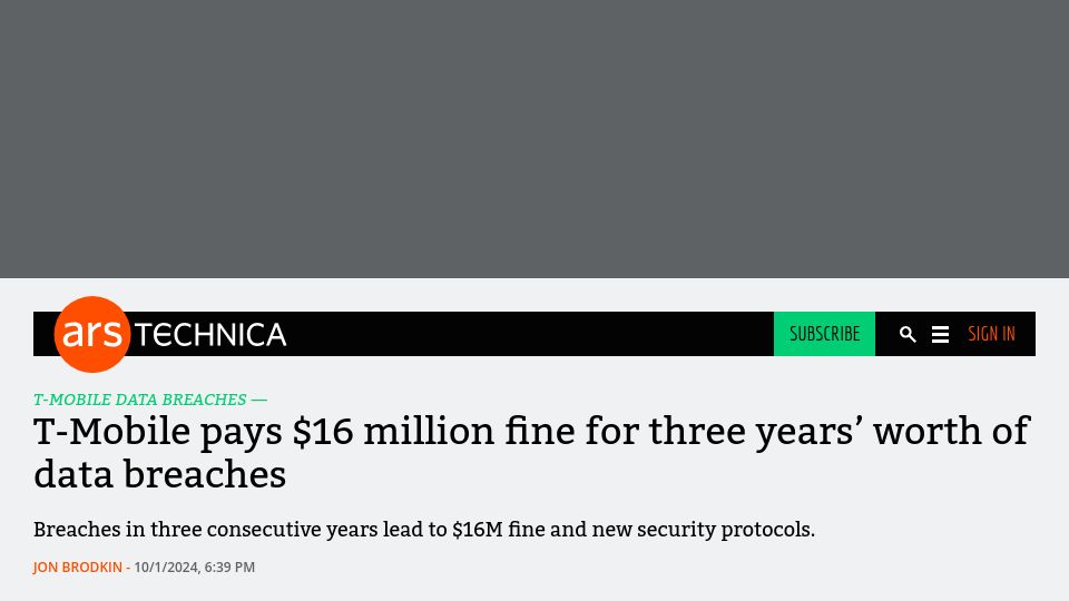 Screenshot of arstechnica.com: T-Mobile pays $16M fine for three years' worth of data breaches