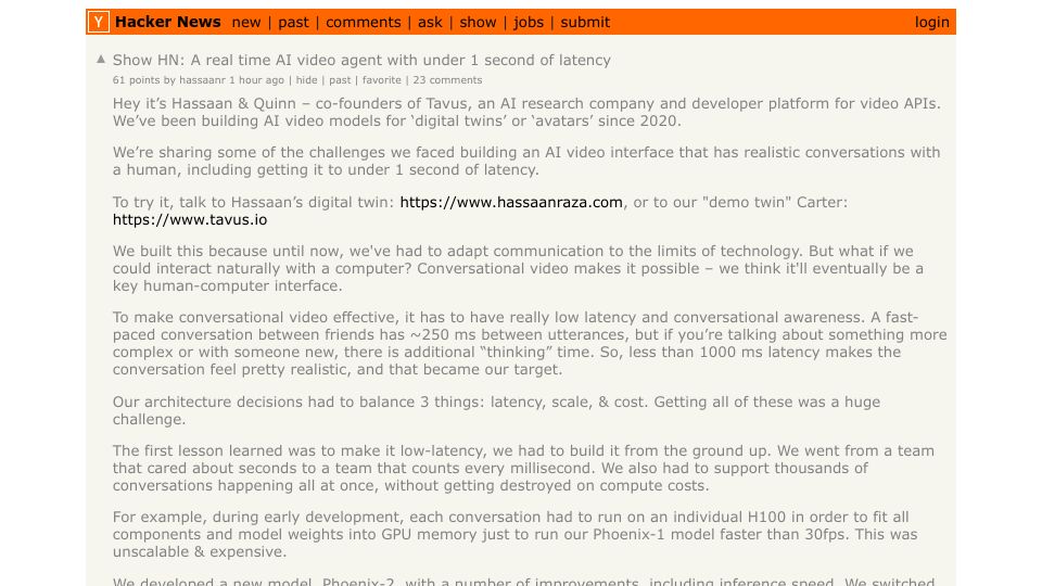Screenshot of Hacker News post: Show HN: A real time AI video agent with under 1 second of latency