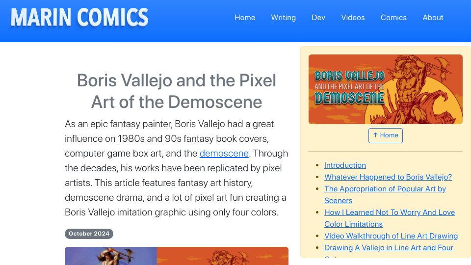 Screenshot of marincomics.com: Boris Vallejo and the pixel art of the demoscene
