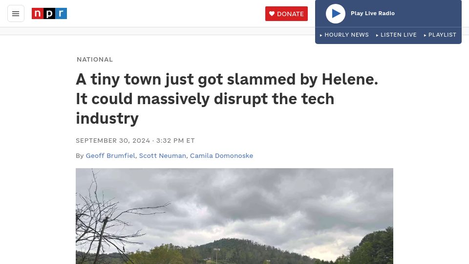 Screenshot of npr.org: Essential node in global semiconductor supply chain hit by Hurricane Helene