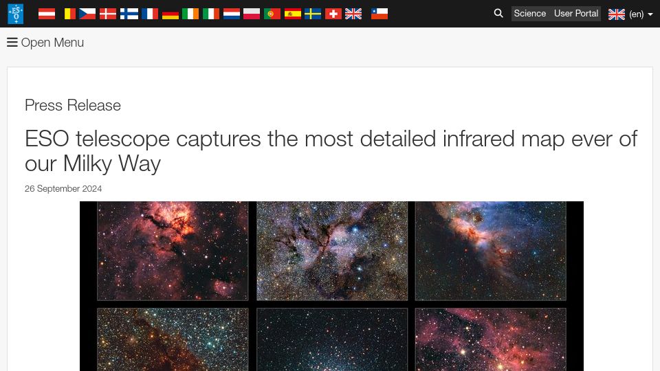 Screenshot of eso.org: ESO telescope captures the most detailed infrared map of the Milky Way