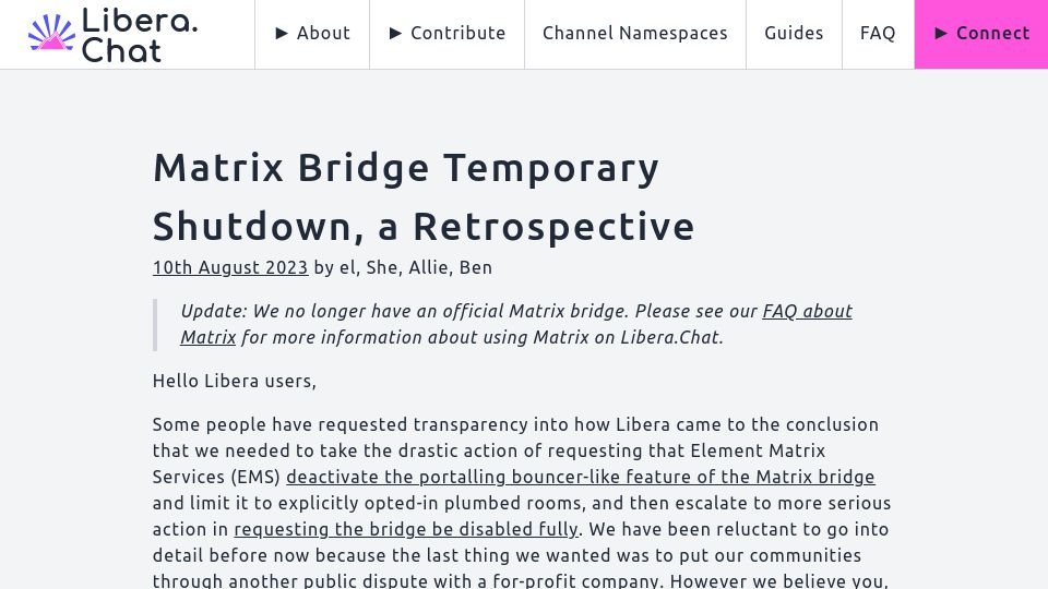 Screenshot of libera.chat: Matrix-Libera IRC Bridge Temporary Shutdown, a Retrospective (2023)