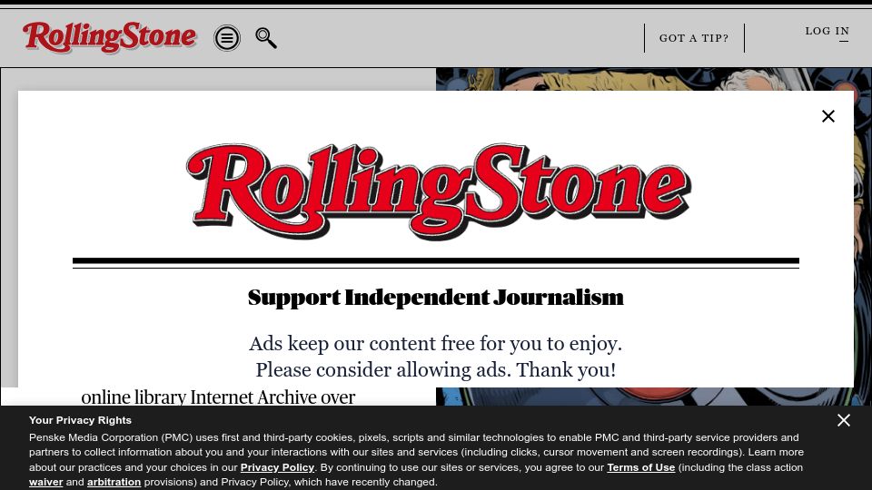 Screenshot of rollingstone.com: The $621M Legal Battle by Record Labels Against Internet Archive