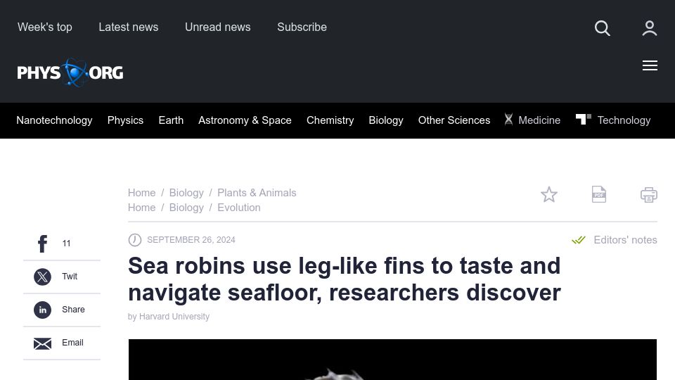 Screenshot of phys.org: Sea robins use leg-like fins to taste, navigate seafloor, researchers discover