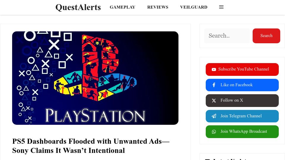 Screenshot of questalerts.com: PS5 Dashboards Flooded with Unwanted Ads–Sony Claims It Wasn't Intentional