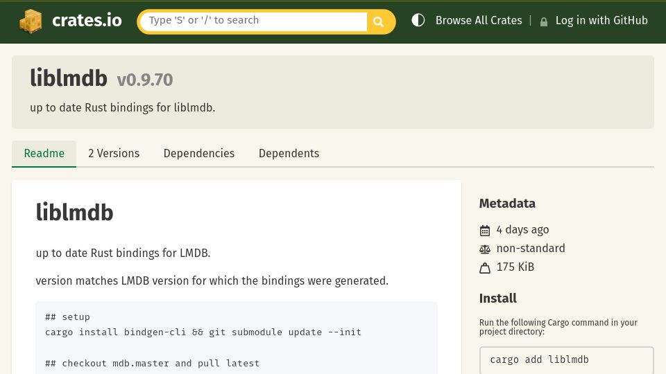 Screenshot of crates.io: Up to date Rust bindings for LMDB