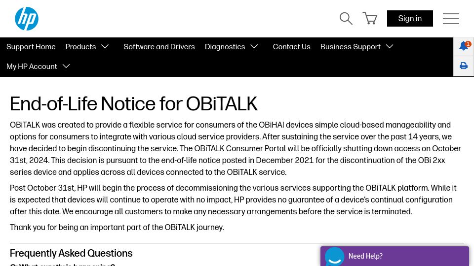 Screenshot of support.hp.com: End-of-Life Notice for OBiTALK