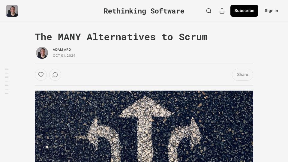 Screenshot of rethinkingsoftware.substack.com: The Many Alternatives to Scrum – By Adam Ard