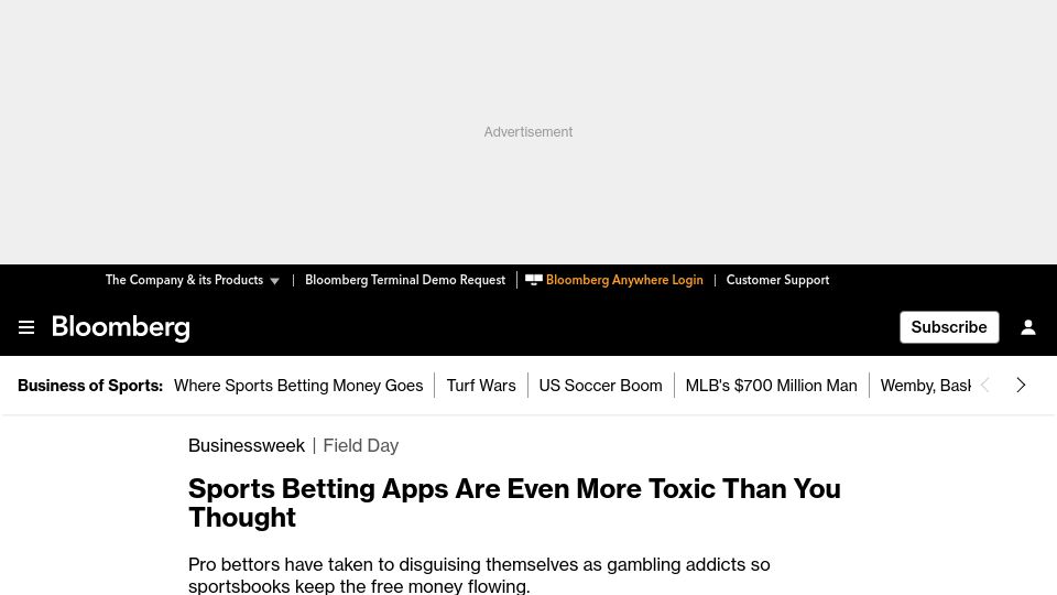Screenshot of bloomberg.com: Pro bettors disguising themselves as gambling addicts