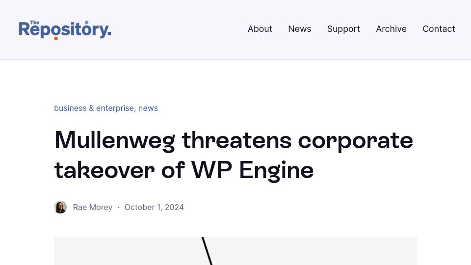 Screenshot of therepository.email: Mullenweg threatens corporate takeover of WP Engine