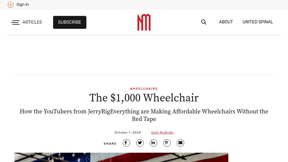 Screenshot of newmobility.com: A $1k Wheelchair