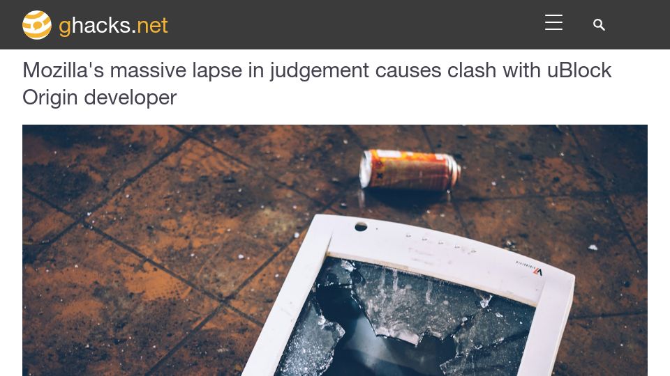 Screenshot of ghacks.net: Mozilla's lapse in judgement causes clash with uBlock Origin developer