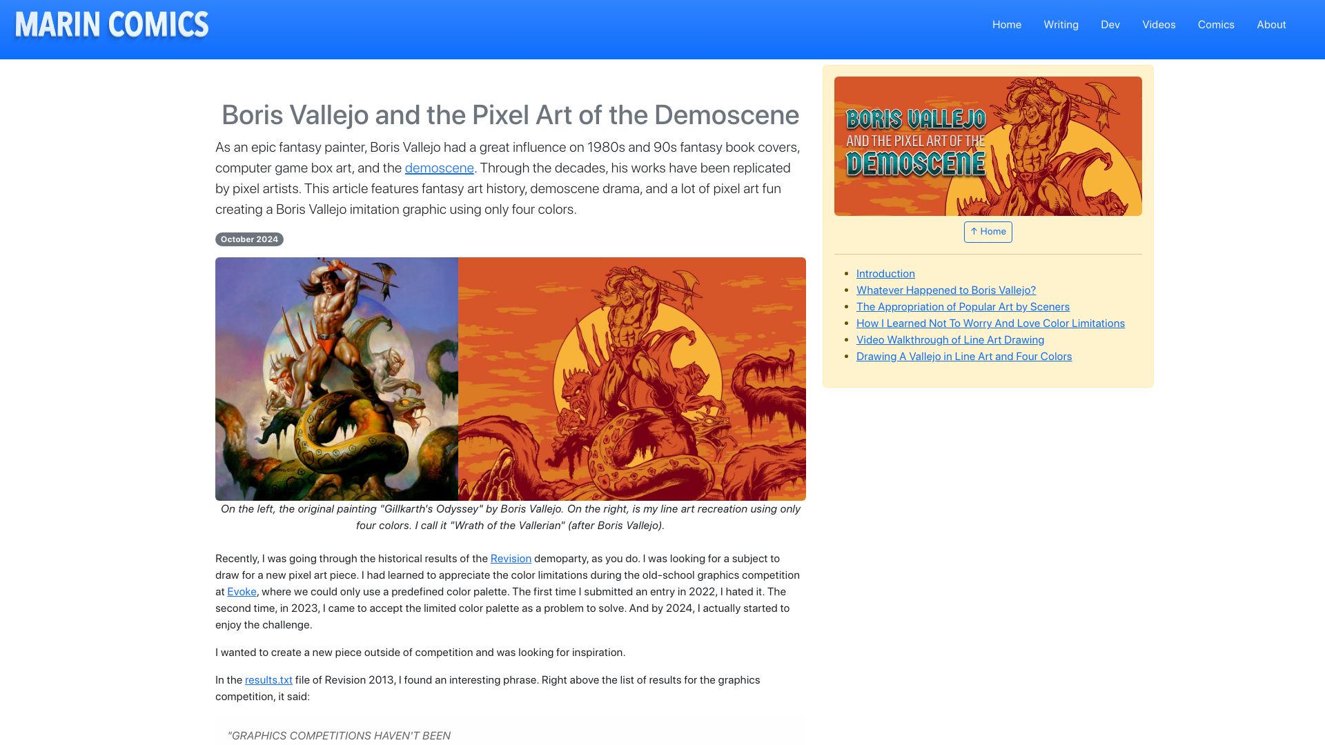 Screenshot of marincomics.com: Boris Vallejo and the pixel art of the demoscene