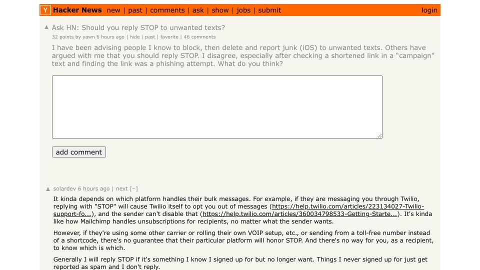 Screenshot of Hacker News post: Ask HN: Should you reply STOP to unwanted texts?