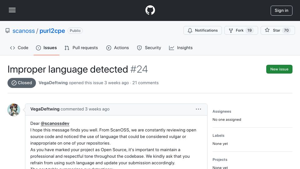 Screenshot of github.com: ScanOSS spams OSS projects for using profanity